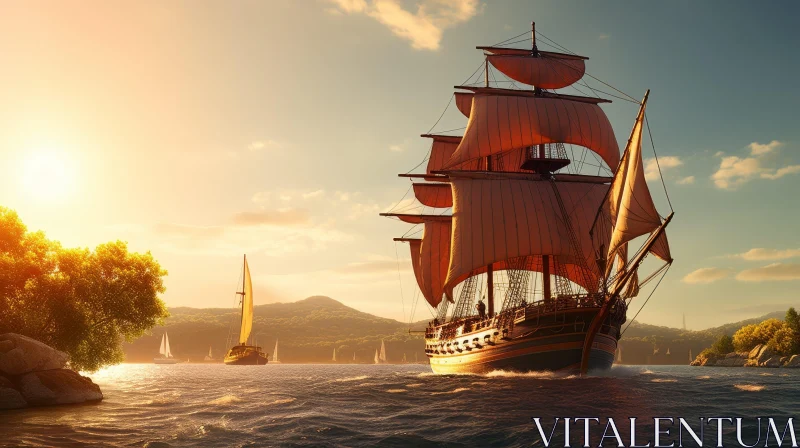 Sunset Tall Ship Sailing on the Sea Digital Painting AI Image