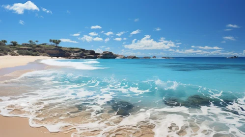 Tranquil Beach Scene: Crystal Clear Water, Palm Trees, Sunshine