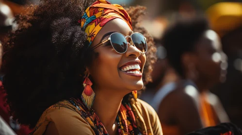 Young African-American Woman Portrait with Colorful Head Wrap and Sunglasses