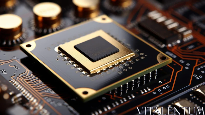 AI ART Computer Processor Close-Up: Gold Chip on Circuit Board