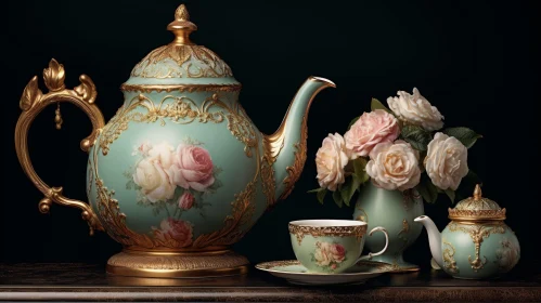 Green Ceramic Teapot with Roses - Still Life Composition