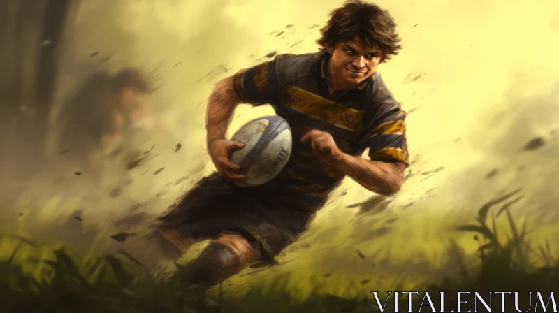 Intense Rugby Action: Digital Painting of Young Male Player AI Image