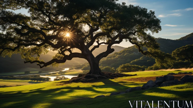 Majestic Oak Tree in Green Field with Sunlight and River AI Image