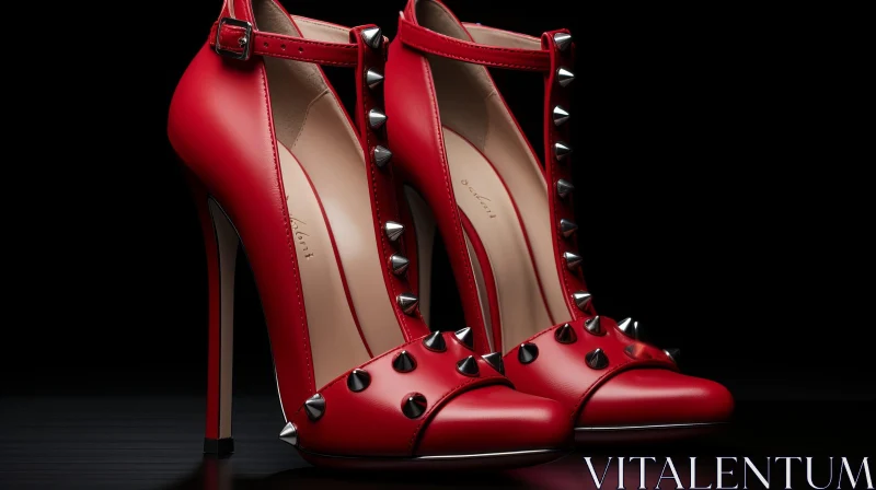 Red Leather High-Heeled Shoes with Ankle Straps and Silver Spikes AI Image