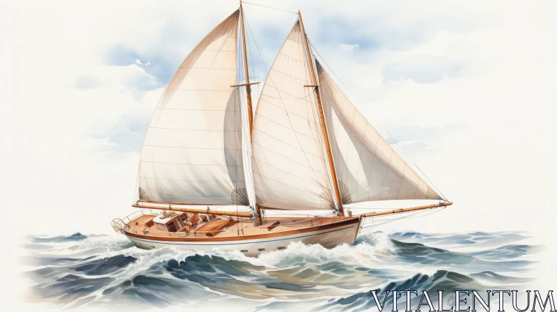 Sailboat Watercolor Painting on Rough Sea AI Image