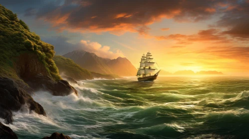 Sailing Ship at Sea Painting - Waves and Mountains