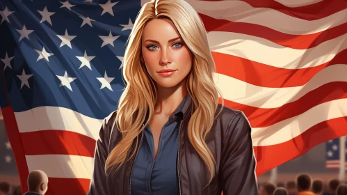 Serious Blonde Woman with American Flag
