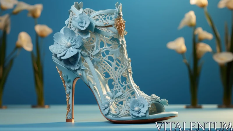 Stylish Blue High Heel Shoe with Floral Design AI Image