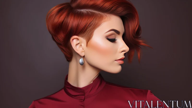Stylish Young Woman with Short Red Hair and Flawless Makeup AI Image
