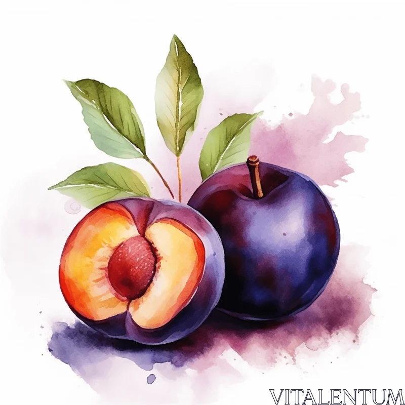 Watercolor Plums: Majestic Illustrations in Dark Violet and Light Red AI Image
