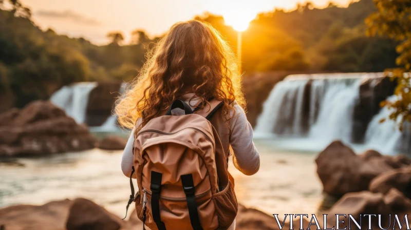 Woman Standing by Waterfall at Sunset AI Image