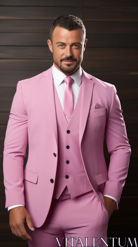 Confident Man in Pink Suit Standing Against Dark Wood Wall AI Image