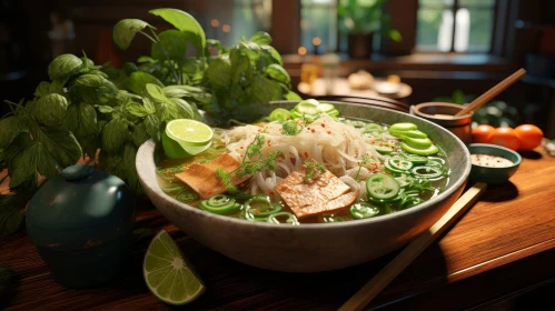 Delicious Vietnamese Pho Soup on Wooden Table