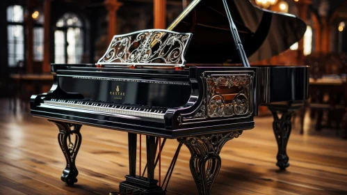 Elegant Black Grand Piano with Silver and Golden Elements