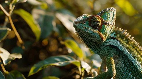 Green Chameleon on Branch Close-up