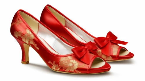 Red Satin Peep-Toe Shoes with Floral Pattern and Bow