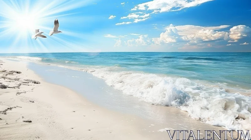Tranquil Beachscape with Seagull and Clear Blue Water AI Image