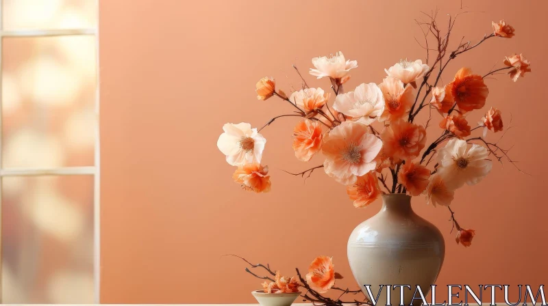 Tranquil Still Life: Delicate Flowers in Off-White Vase on Wooden Table AI Image