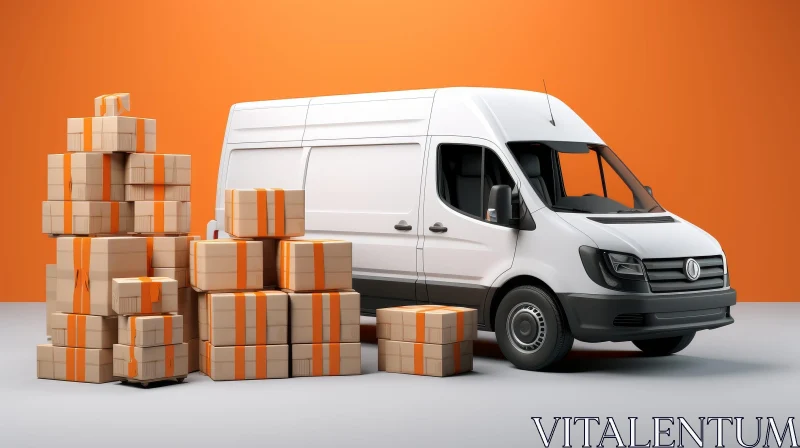 AI ART White Delivery Van with Cardboard Boxes | Orange Background