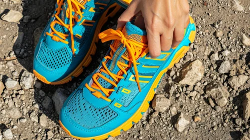 Blue and Orange Trail Running Shoe Tying Image