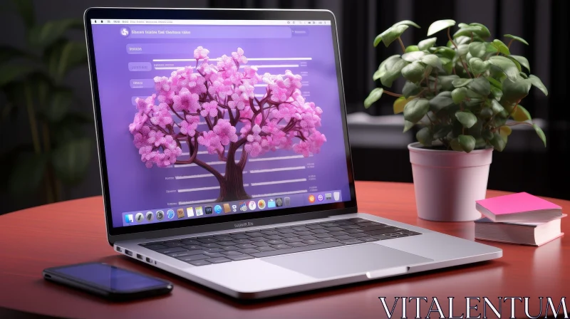 Cherry Blossom Tree Laptop Desk Scene AI Image