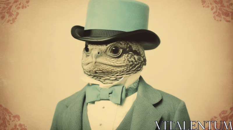 Elegant Green Iguana Portrait with Blue Top Hat and Bow Tie AI Image
