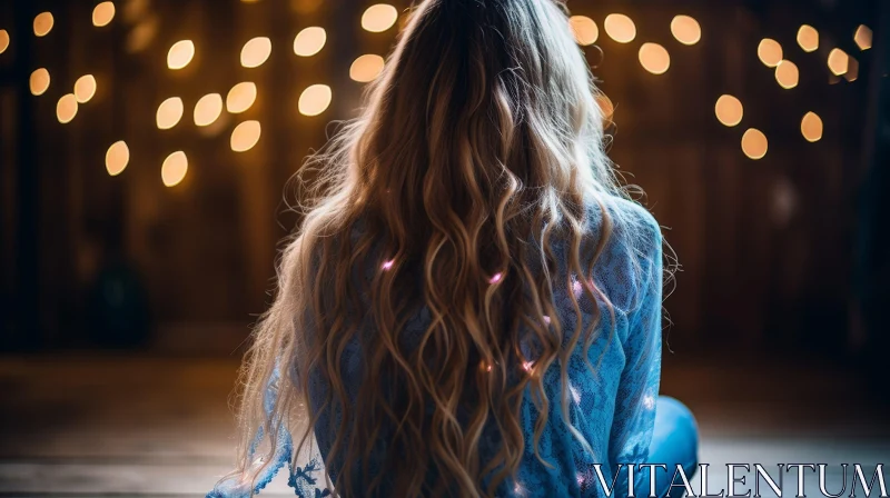 Enchanting Woman in Blue Dress with Fairy Lights AI Image