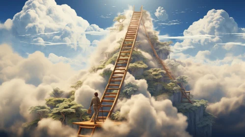 Ethereal Surrealism: Man Climbing Wooden Ladder to Heaven