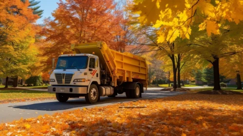 Fall Scene: White and Yellow Garbage Truck on Tree-Lined Street