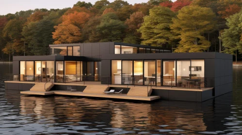 Modern Houseboat Surrounded by Fall Trees