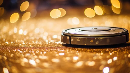 Modern Robotic Vacuum Cleaner on Shiny Gold Surface