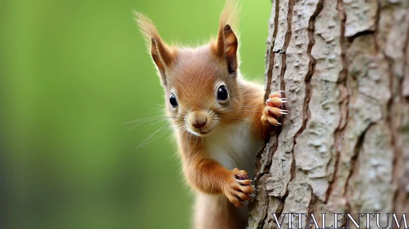 AI ART Red Squirrel Wildlife Close-Up on Tree Trunk