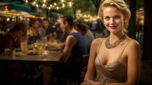 Smiling Woman in Gold Dress at Restaurant Table