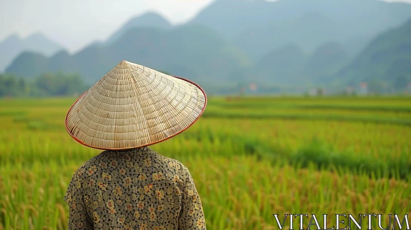 Vietnamese Woman in Traditional Conical Hat in Rice Field AI Image