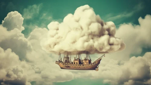 Whimsical Ship Sailing Through Stormy Sky