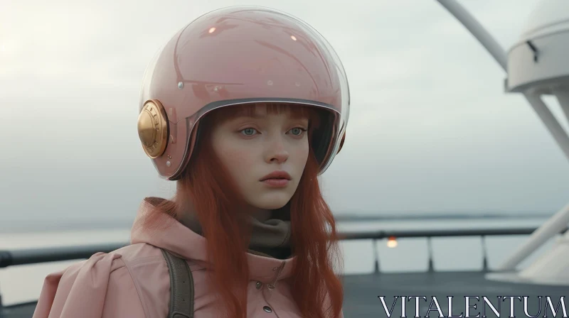 Young Girl in Pink Helmet with Thoughtful Expression AI Image