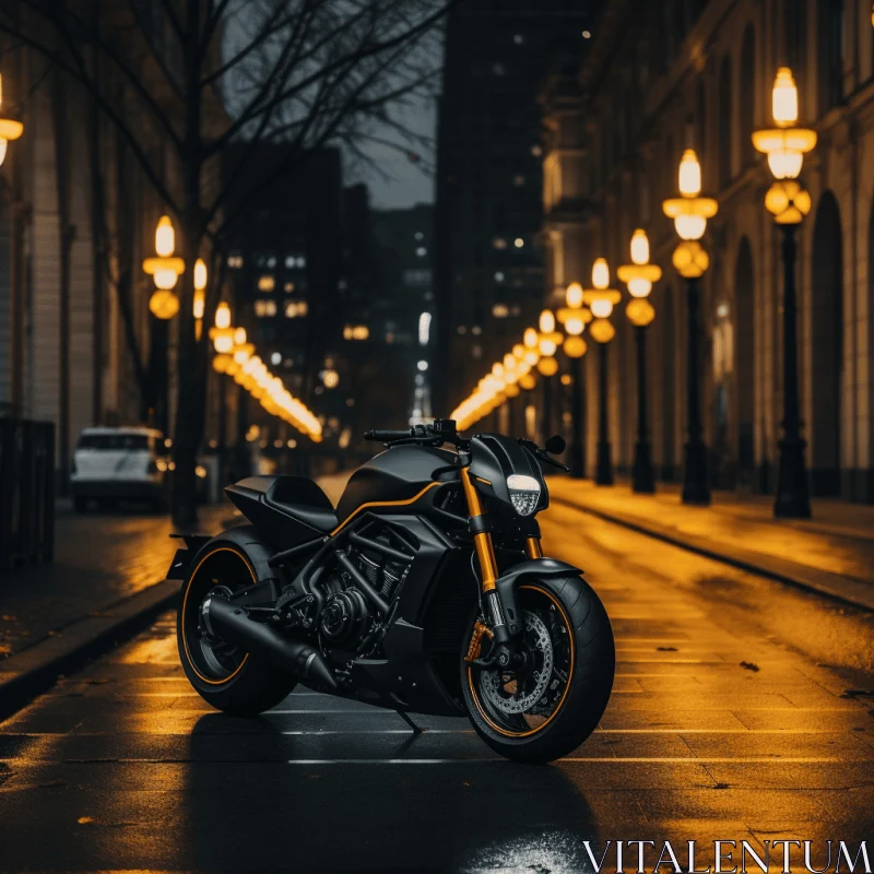 Black Motorcycle Parked on City Street at Night | Contemporary Candy-Coated Design AI Image