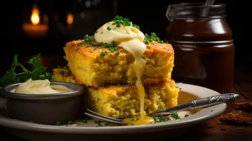 Delicious Cornbread with Butter and Honey on Dark Wood Table