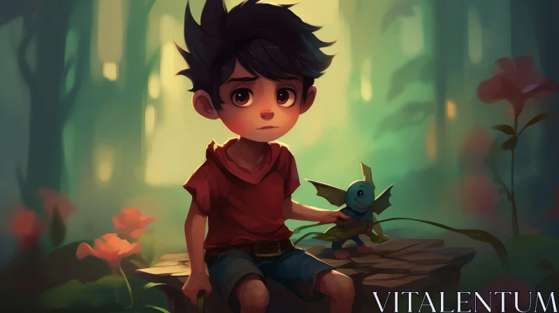 Enchanting Forest Scene with a Boy and Dragon AI Image