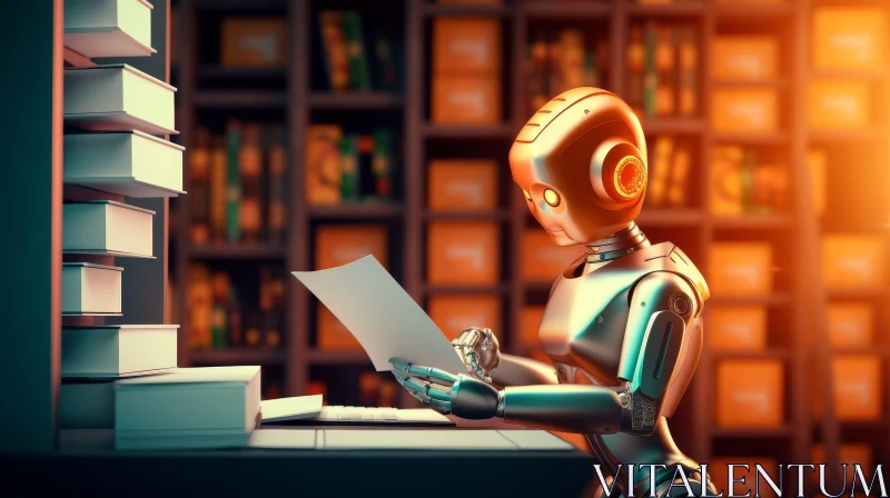 Metal Robot Reading in Library Scene AI Image