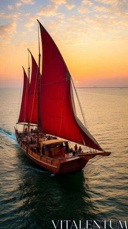 Wooden Sailing Ship with Red Sails Gliding at Sunset AI Image