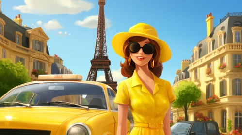 Young Woman at Eiffel Tower in Cartoon Style