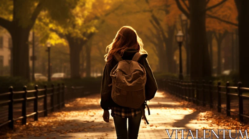 Autumn Stroll: Woman on Tree-lined Path AI Image