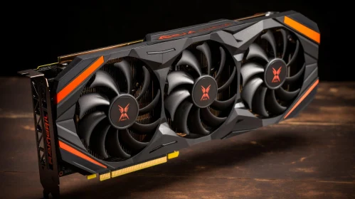 Black and Orange Graphics Card with Three Fans on Wooden Surface