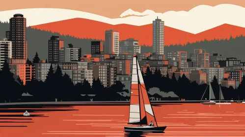 Cityscape Vector Illustration with Sailboat and Mountains
