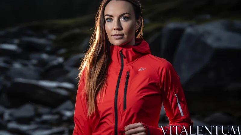 Confident Woman in Red Jacket Stands Among Nature AI Image