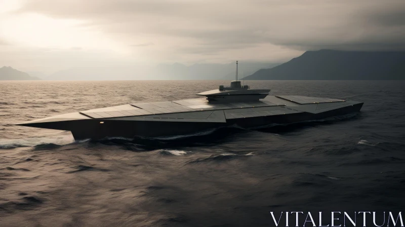 Sleek Black Futuristic Spaceship on Stormy Sea AI Image