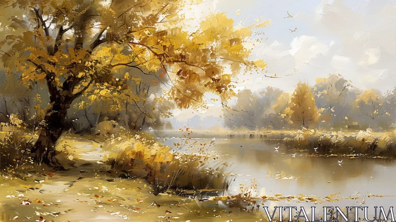 Tranquil Autumn Landscape Painting AI Image