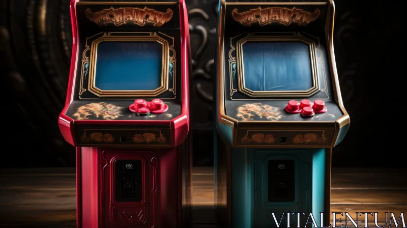 Vintage Retro Arcade Machines on Wooden Table AI Image