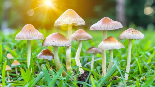 Wild Mushrooms in Green Field